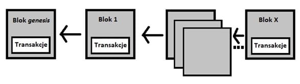 Blok genesis oraz połączona sieć pozostałych bloków zawierających określone transakcje.